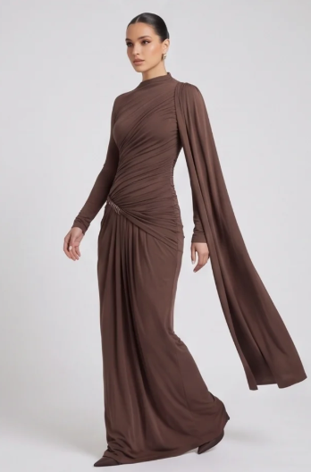 Women's Slim Fit Pleated Long Sleeve Formal Dress