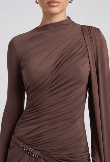 Women's Slim Fit Pleated Long Sleeve Formal Dress