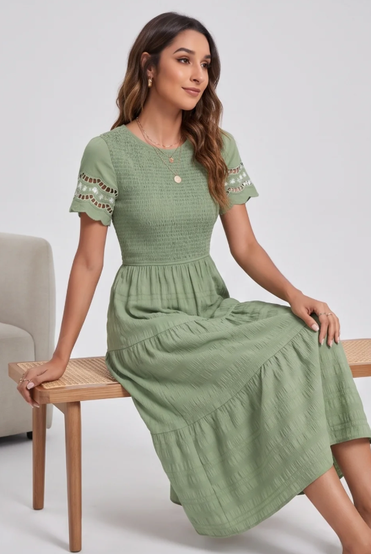 Boho Tiered A-Line Midi Dress with Ruffle Details
