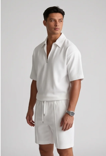 Mens Casual Two Piece Summer Set with Zip Polo Shirt