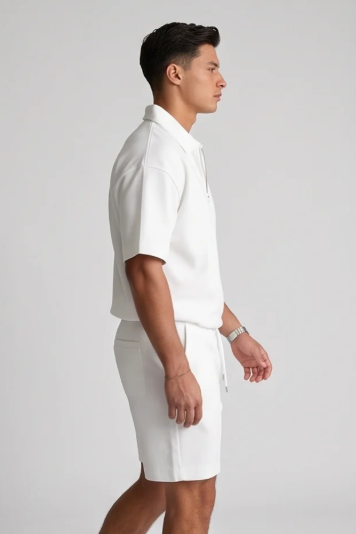 Mens Casual Two Piece Summer Set with Zip Polo Shirt