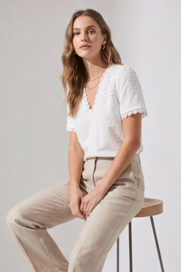 Women's Lace V-neck Short Sleeve Blouse