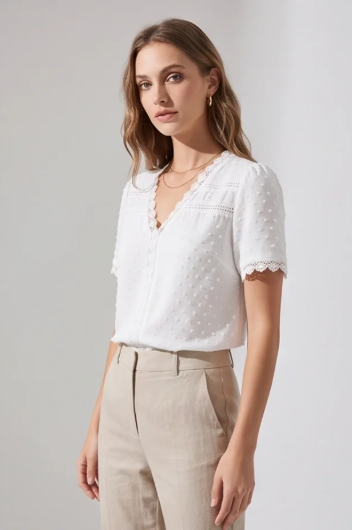 Women's Lace V-neck Short Sleeve Blouse