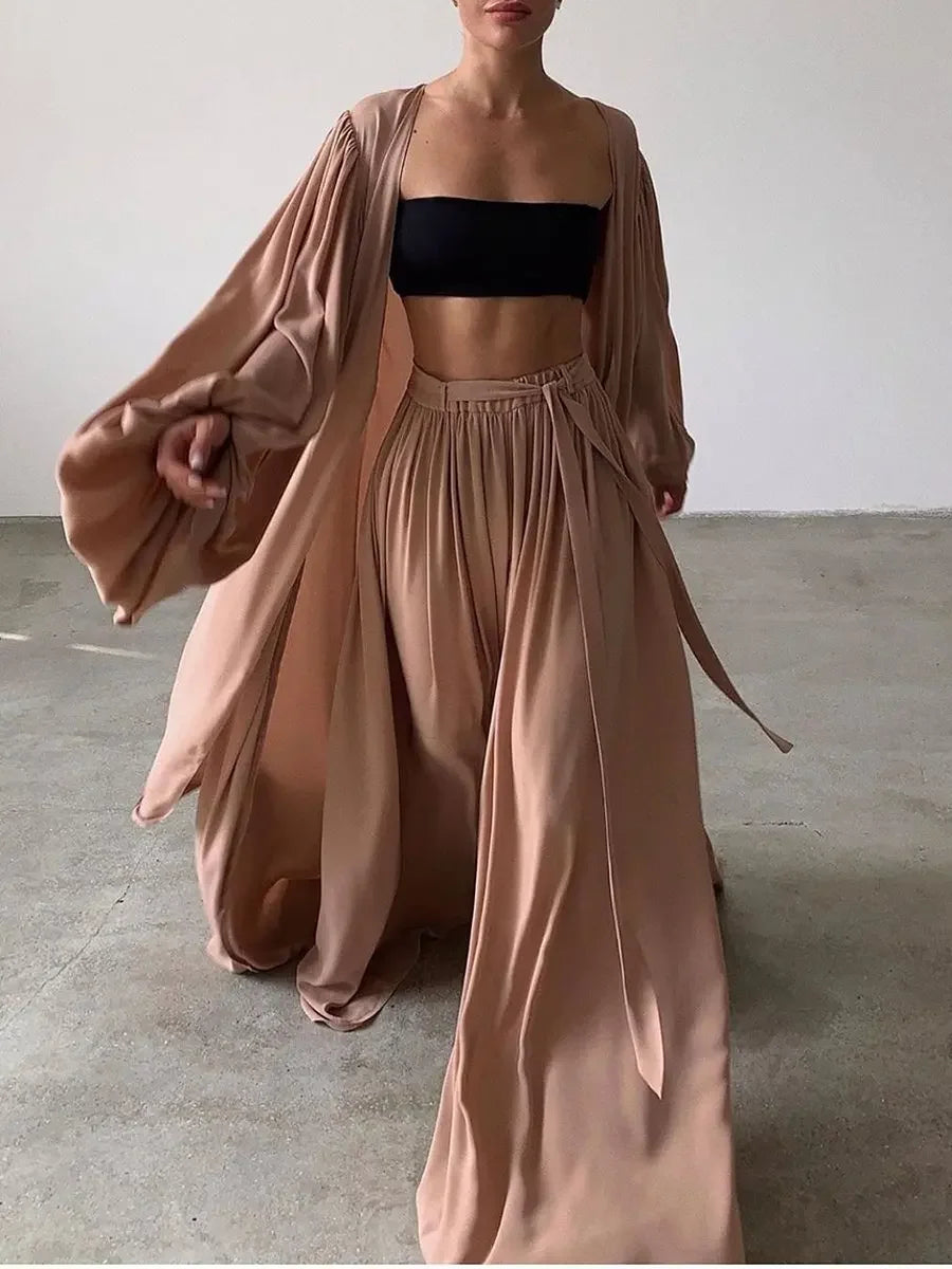 Women's Stylish 2-Piece Set Puff Sleeve Jacket with Wide Leg Trousers