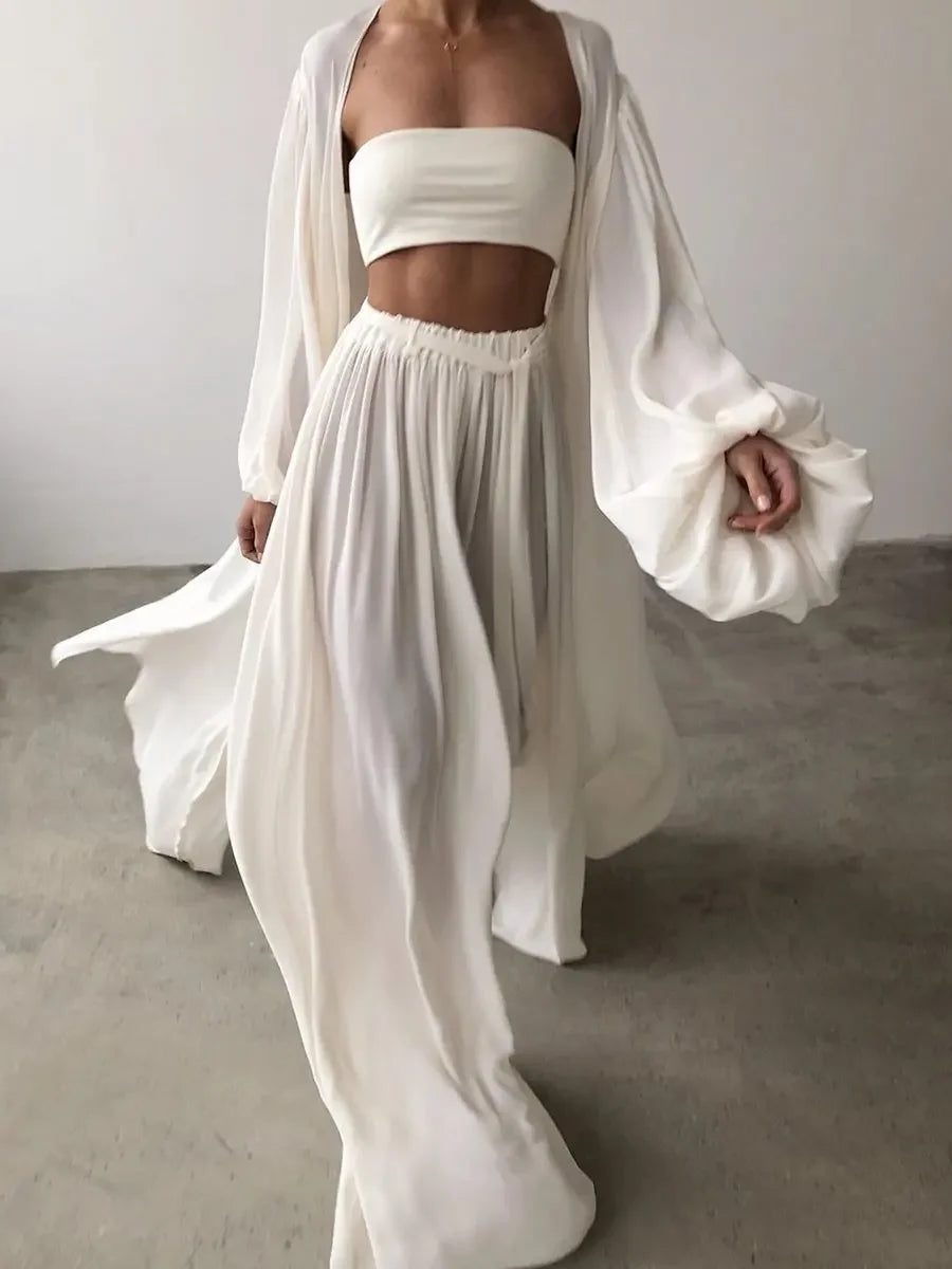 Women's Stylish 2-Piece Set Puff Sleeve Jacket with Wide Leg Trousers