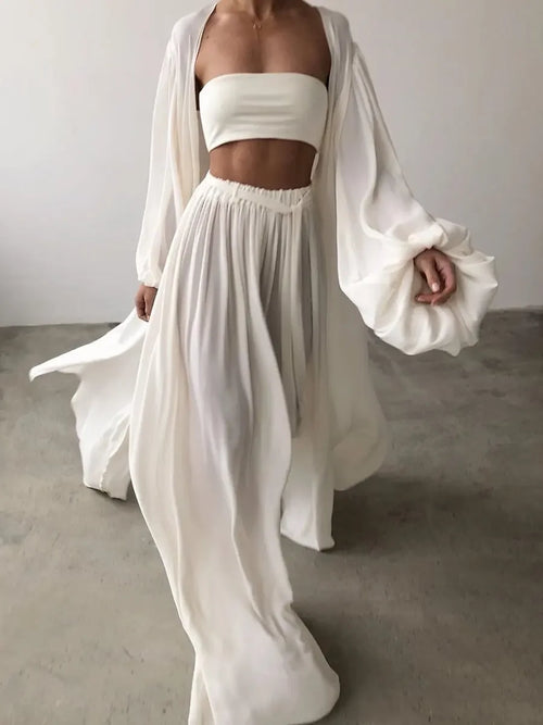 Women's Stylish 2-Piece Set Puff Sleeve Jacket with Wide Leg Trousers