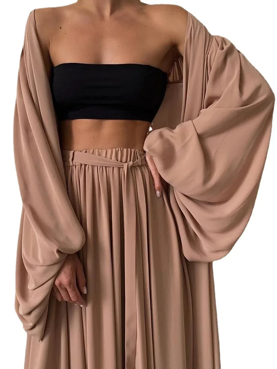 Women's Stylish 2-Piece Set Puff Sleeve Jacket with Wide Leg Trousers