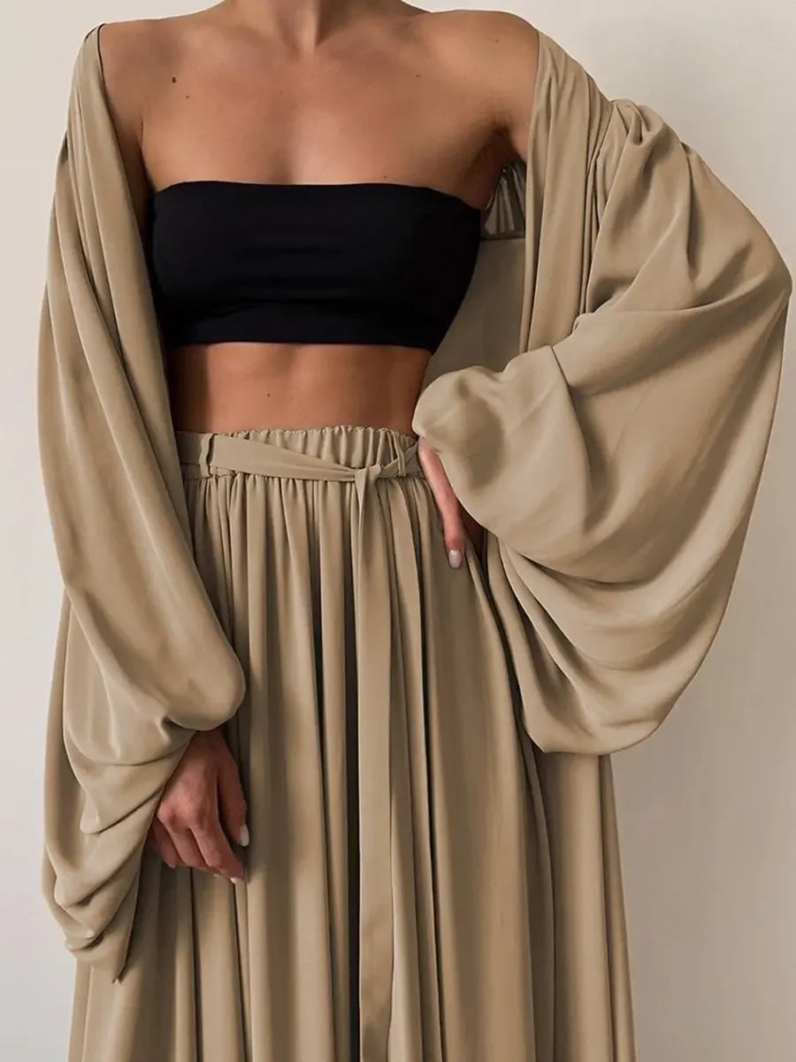 Women's Stylish 2-Piece Set Puff Sleeve Jacket with Wide Leg Trousers