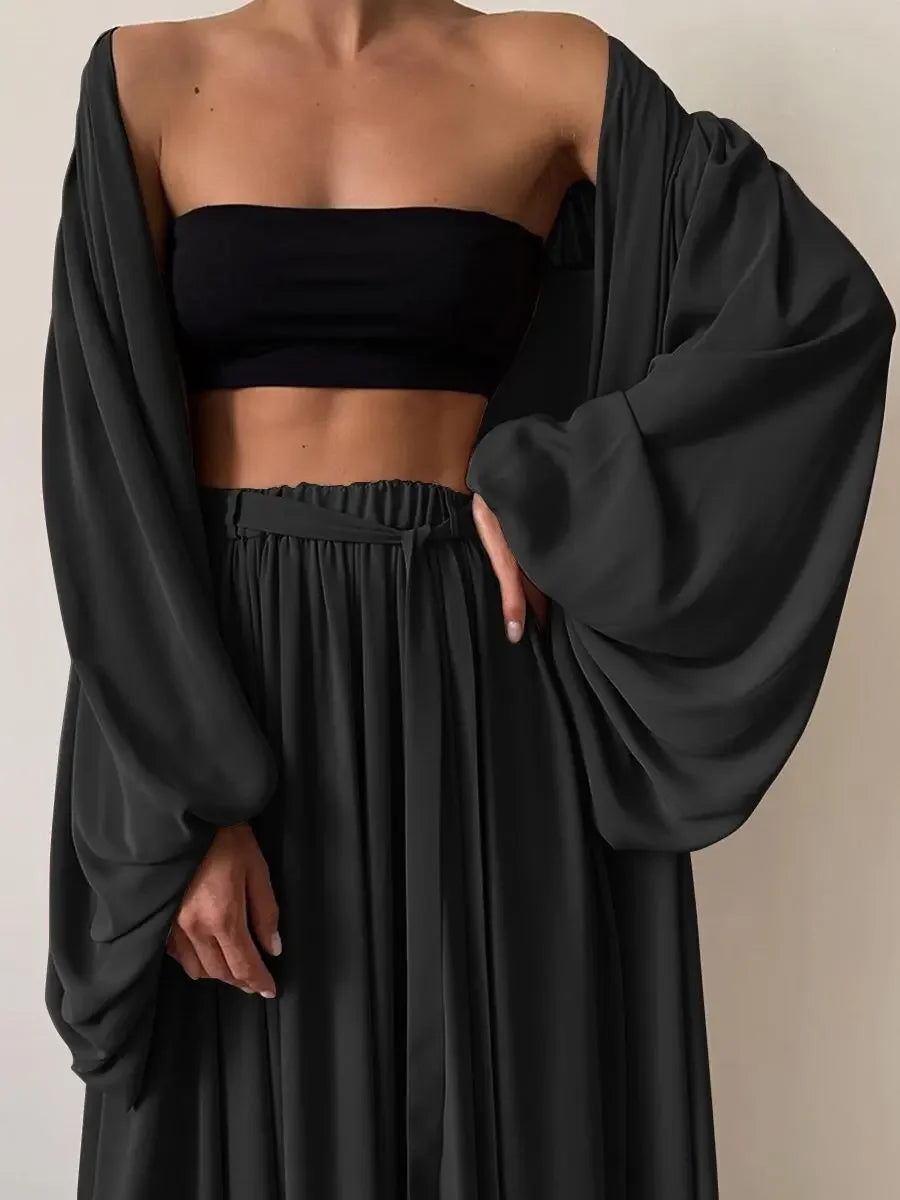 Women's Stylish 2-Piece Set Puff Sleeve Jacket with Wide Leg Trousers
