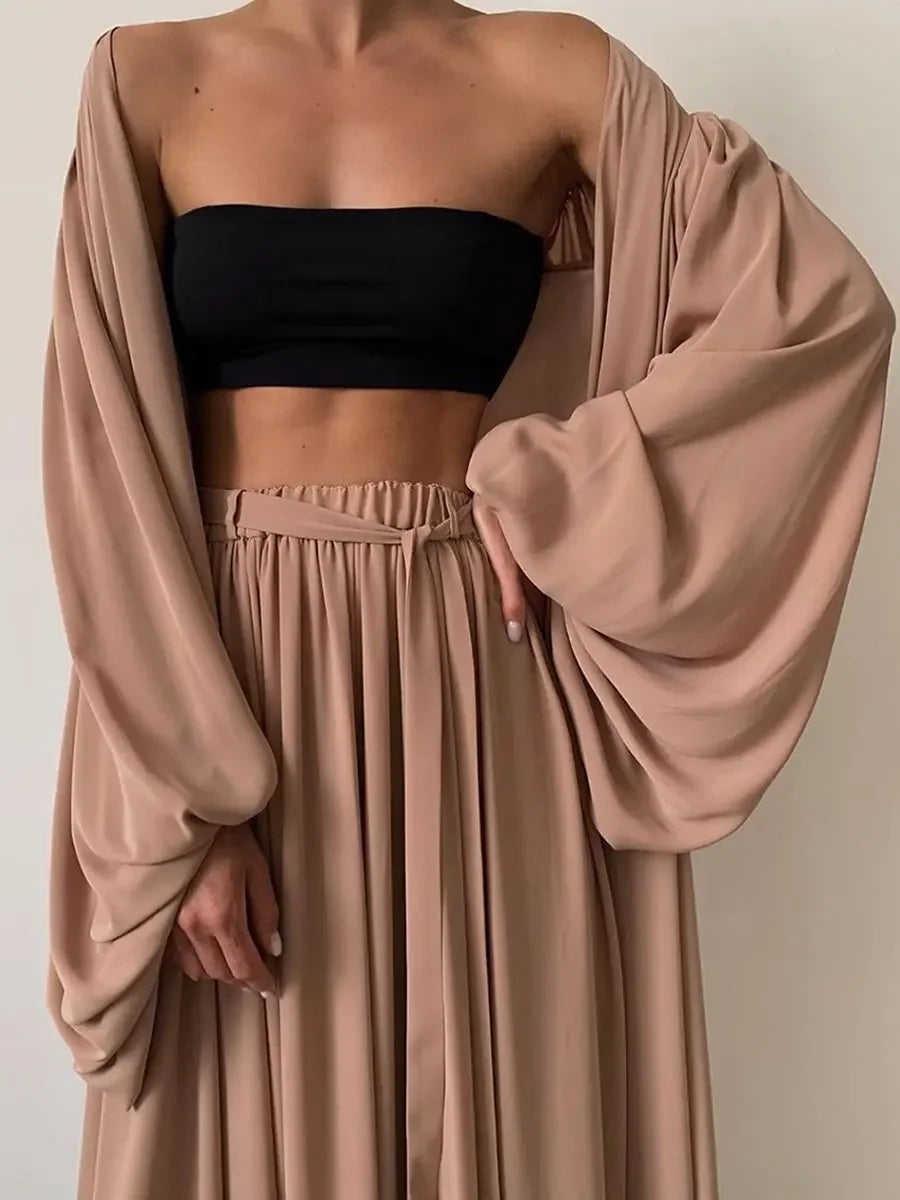 Women's Stylish 2-Piece Set Puff Sleeve Jacket with Wide Leg Trousers