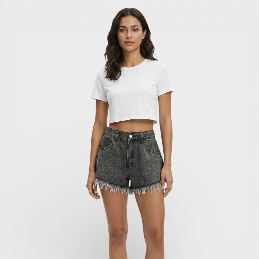 Women's A-Line Denim Shorts with Pockets and Raw Hem