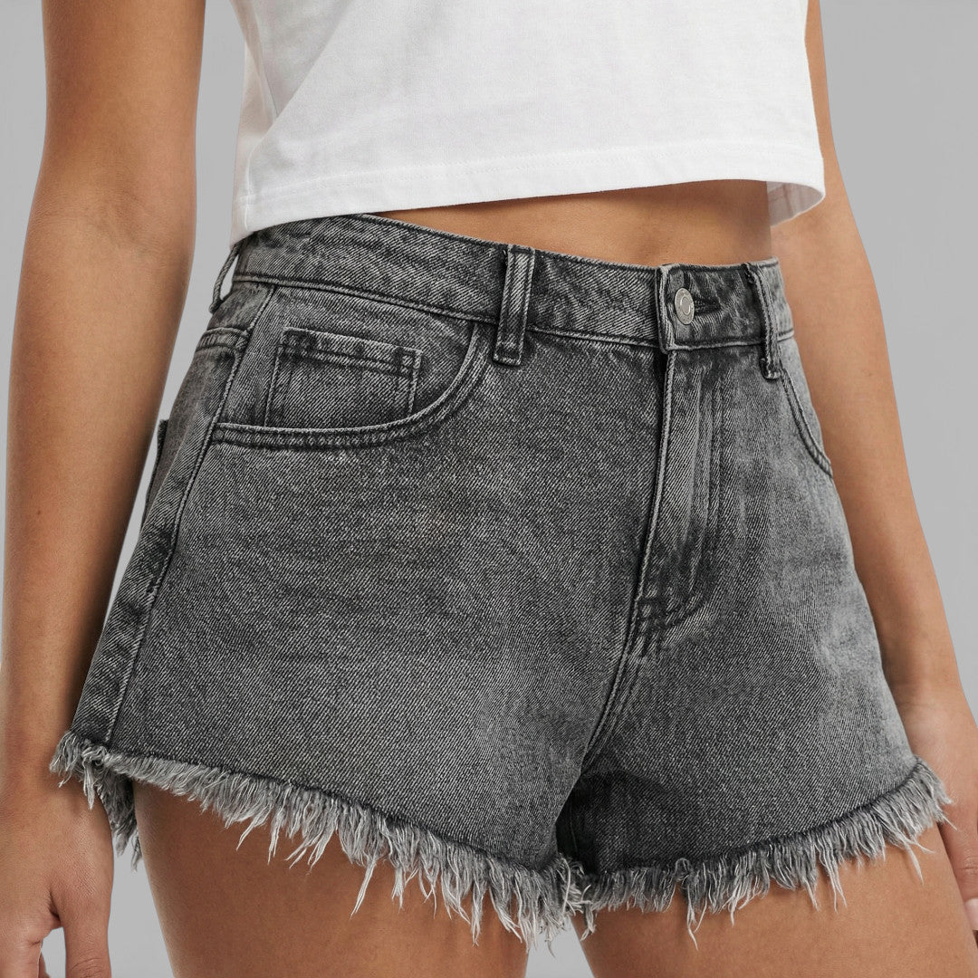 Women's A-Line Denim Shorts with Pockets and Raw Hem