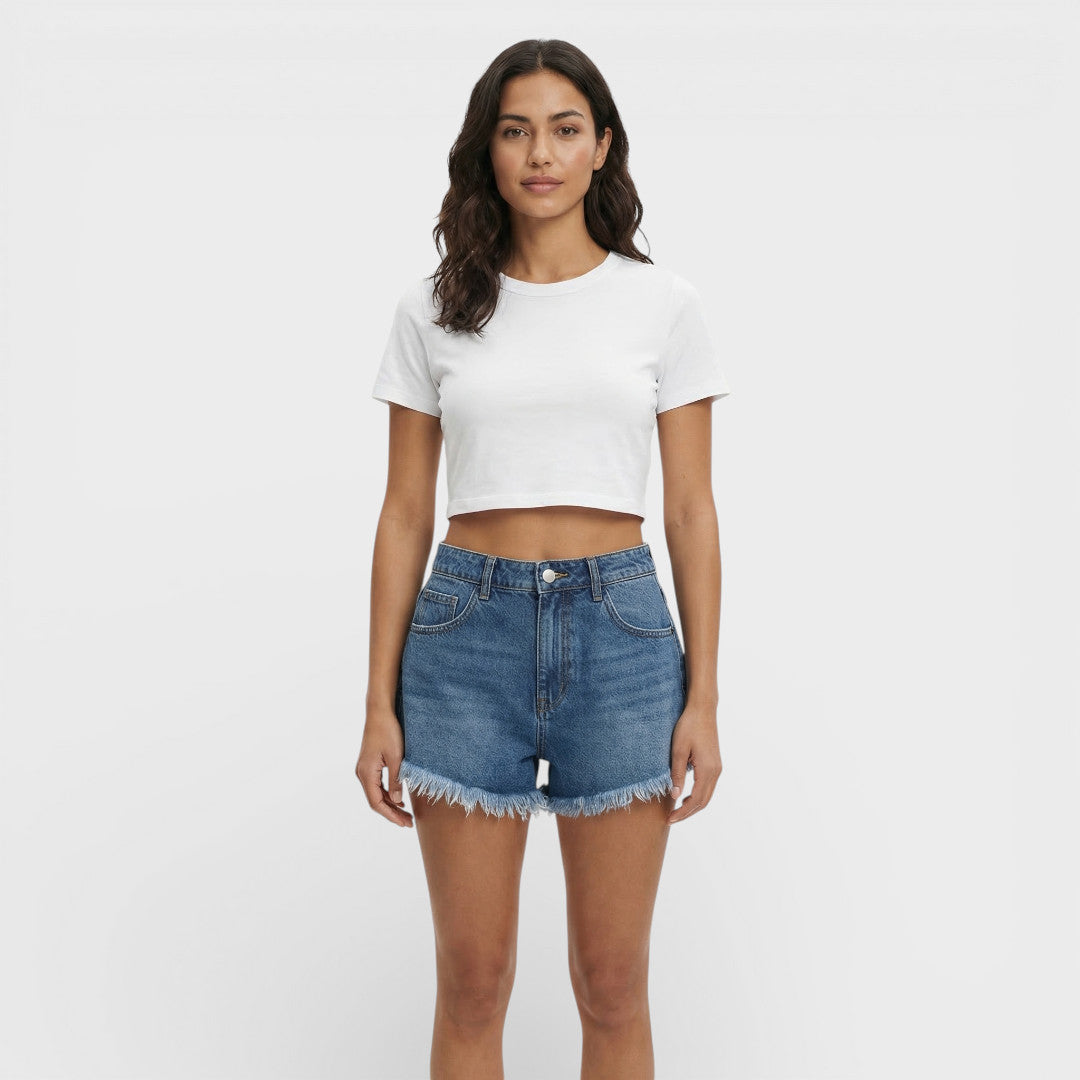 Women's A-Line Denim Shorts with Pockets and Raw Hem