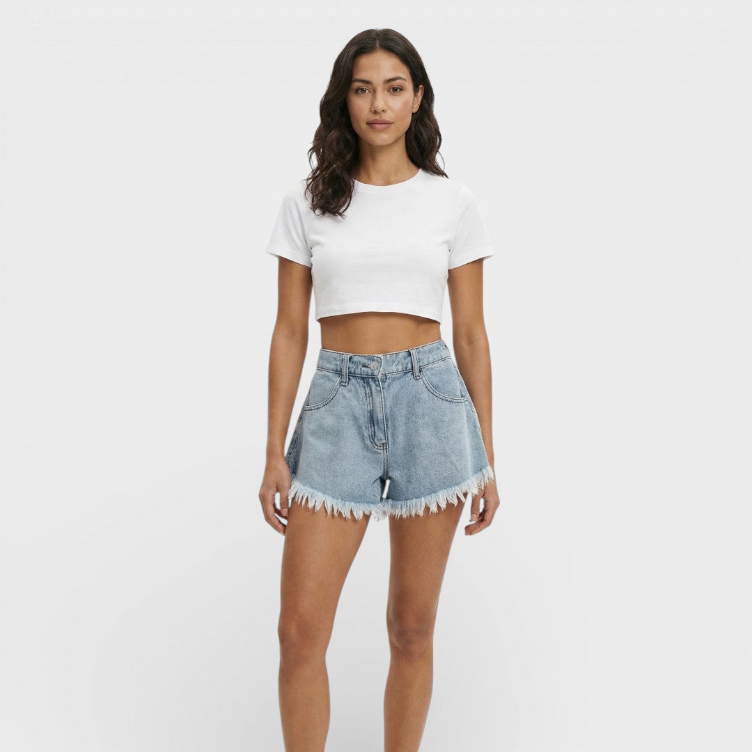 Women's A-Line Denim Shorts with Pockets and Raw Hem