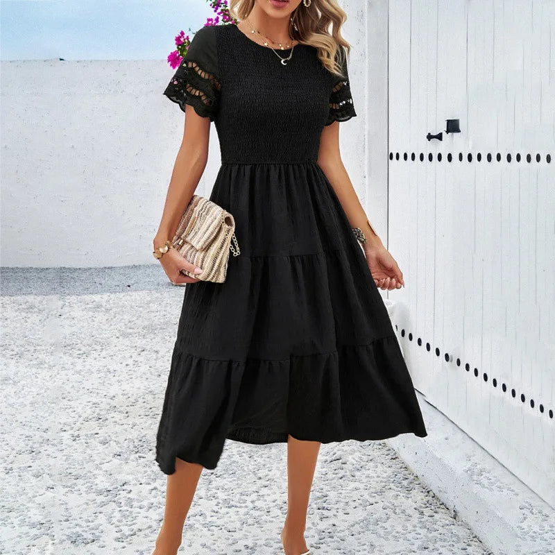 Boho Tiered A-Line Midi Dress with Ruffle Details