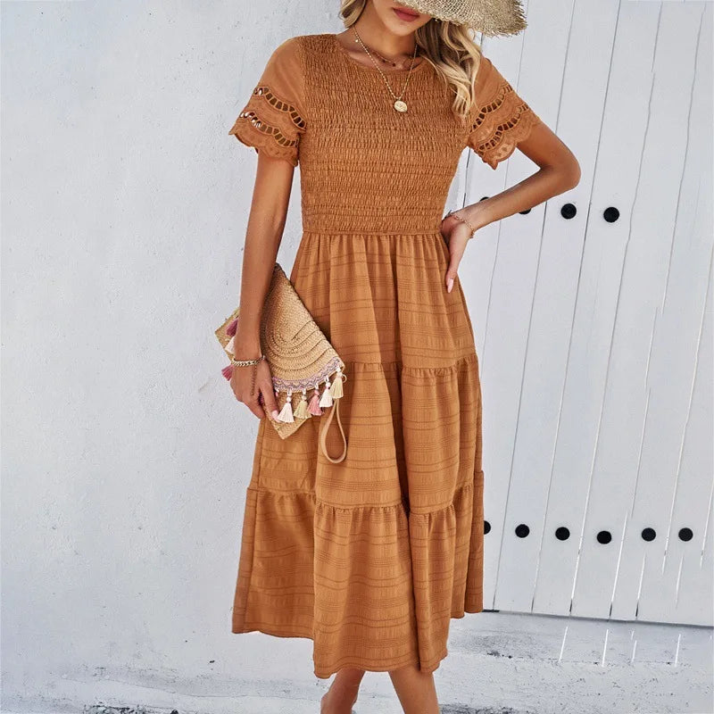 Boho Tiered A-Line Midi Dress with Ruffle Details