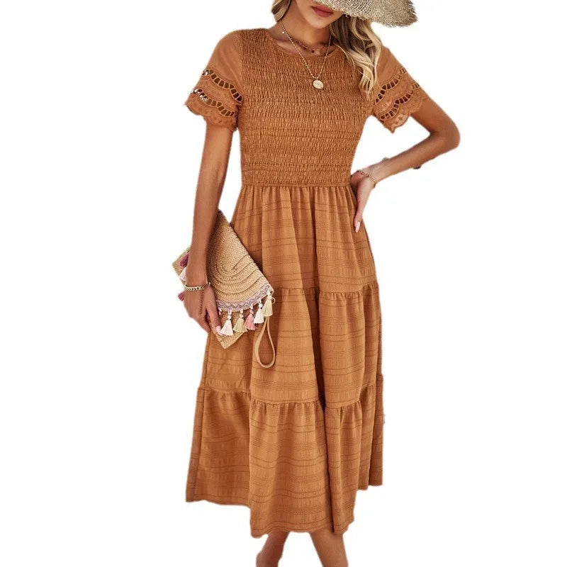 Boho Tiered A-Line Midi Dress with Ruffle Details