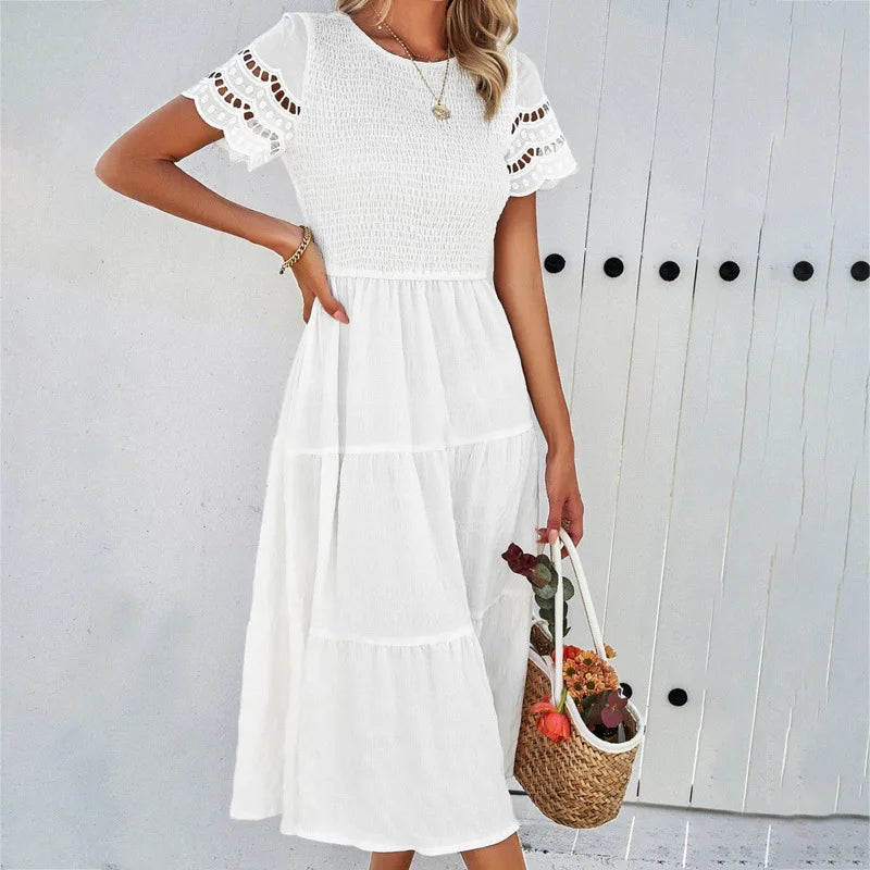Boho Tiered A-Line Midi Dress with Ruffle Details