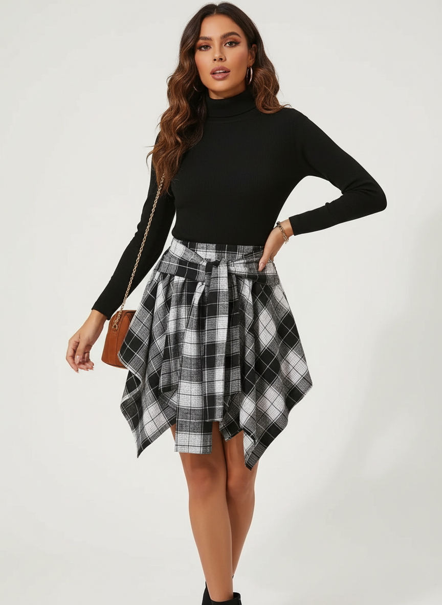 Women's Asymmetrical Skirt with Bow Detail and Diamond Check Pattern