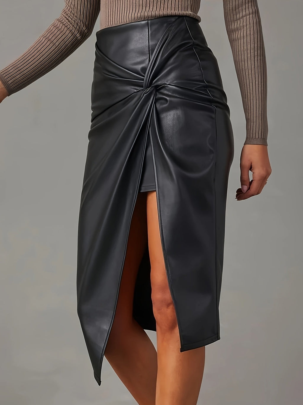 Women's Asymmetrical Vegan Leather Midi Skirt