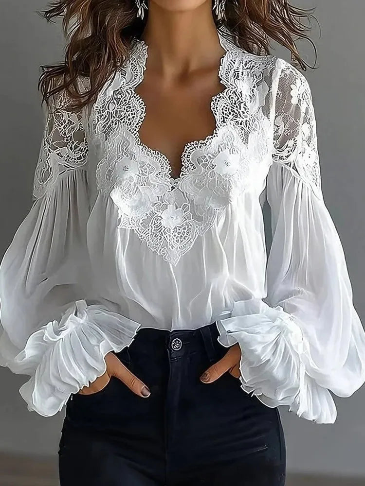 Women's Elegant Blouse with Lace Splicing and Lantern Sleeves