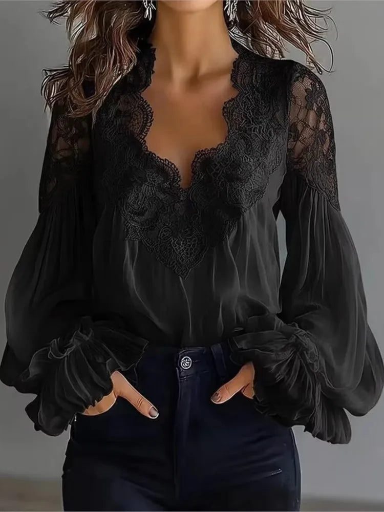 Women's Elegant Blouse with Lace Splicing and Lantern Sleeves