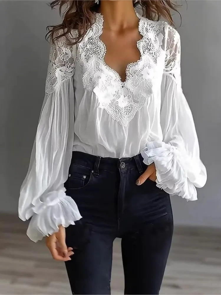 Women's Elegant Blouse with Lace Splicing and Lantern Sleeves