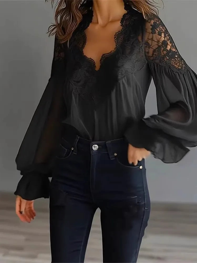 Women's Elegant Blouse with Lace Splicing and Lantern Sleeves