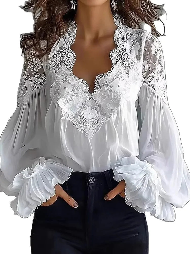 Women's Elegant Blouse with Lace Splicing and Lantern Sleeves