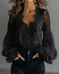 Women's Elegant Blouse with Lace Splicing and Lantern Sleeves