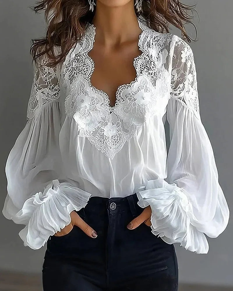 Women's Elegant Blouse with Lace Splicing and Lantern Sleeves