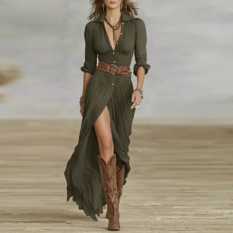 Womens Bohemian Long Dress with Elegant V Neck