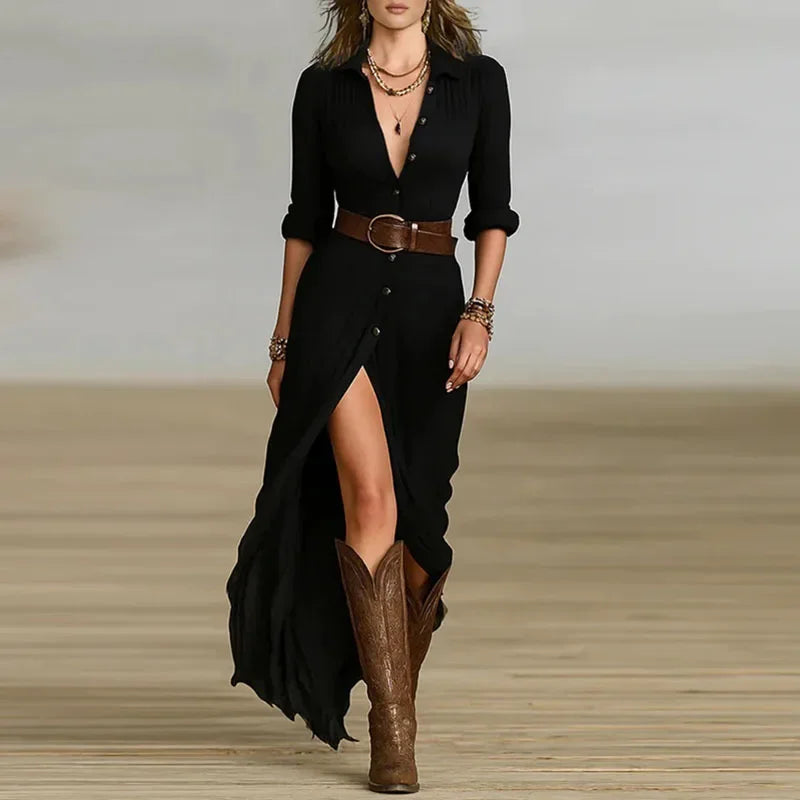 Womens Bohemian Long Dress with Elegant V Neck
