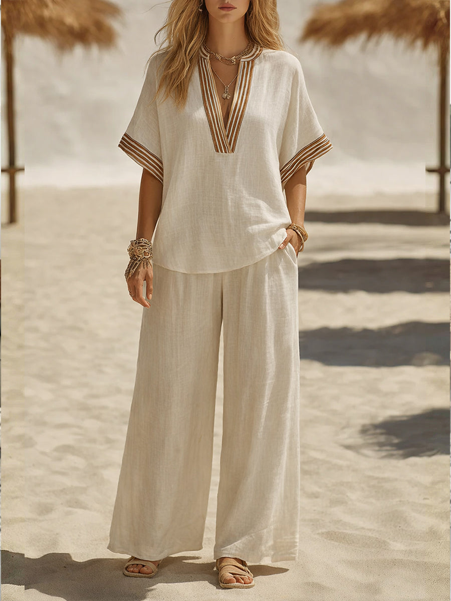Women's Boho Linen Set with Ethnic V-neck Top and Wide Pants