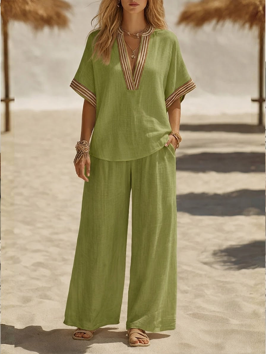 Women's Boho Linen Set with Ethnic V-neck Top and Wide Pants