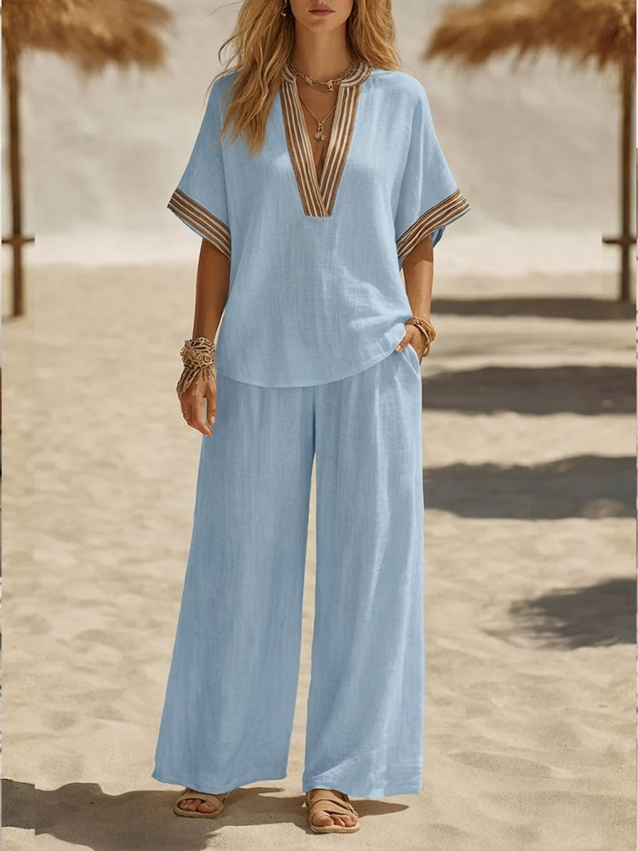 Women's Boho Linen Set with Ethnic V-neck Top and Wide Pants