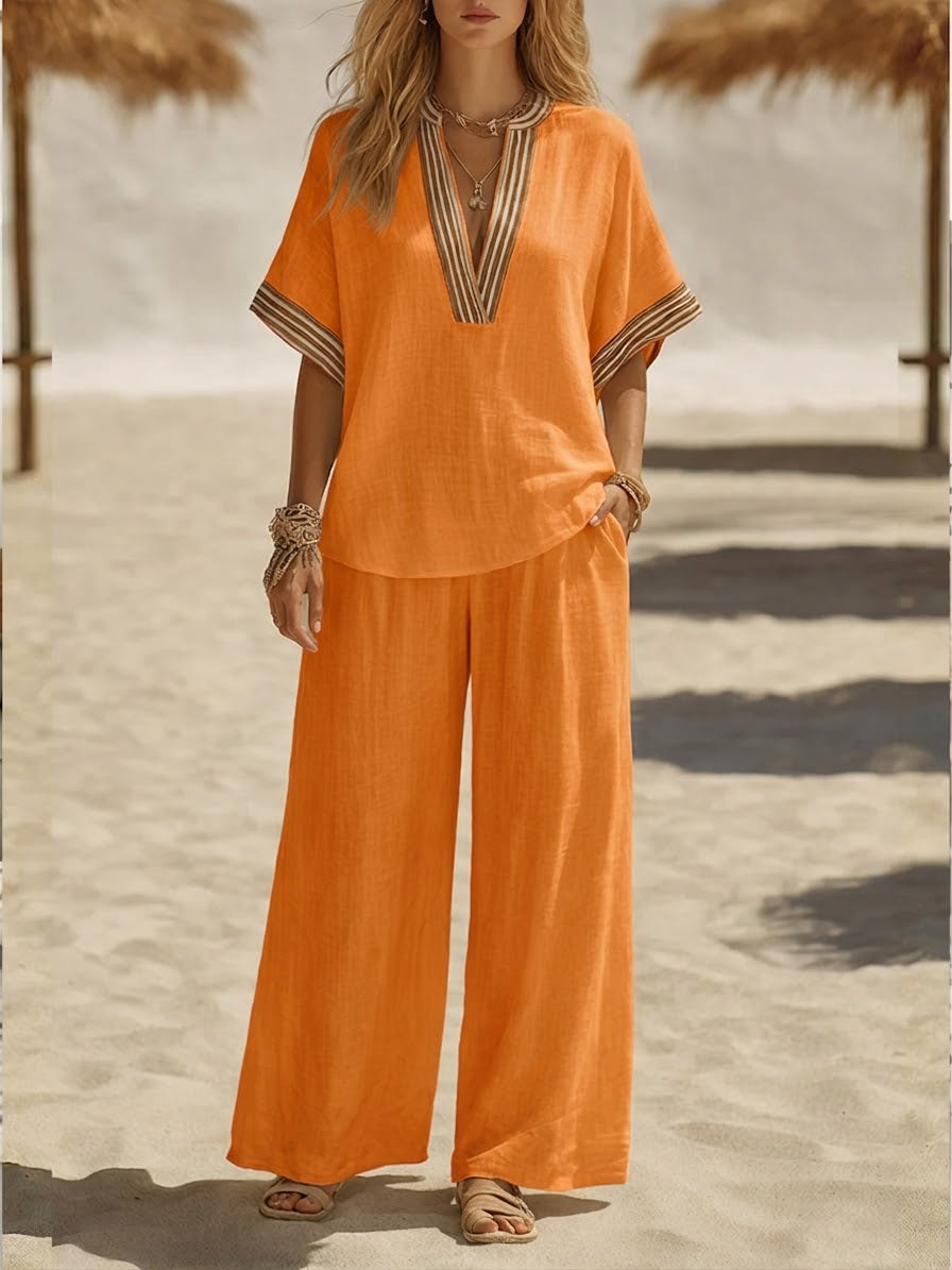 Women's Boho Linen Set with Ethnic V-neck Top and Wide Pants