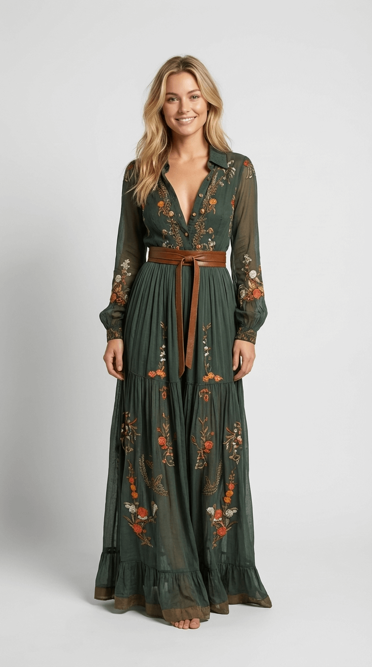 Women's Boho Maxi Dress with Long Sleeves and Defined Waist