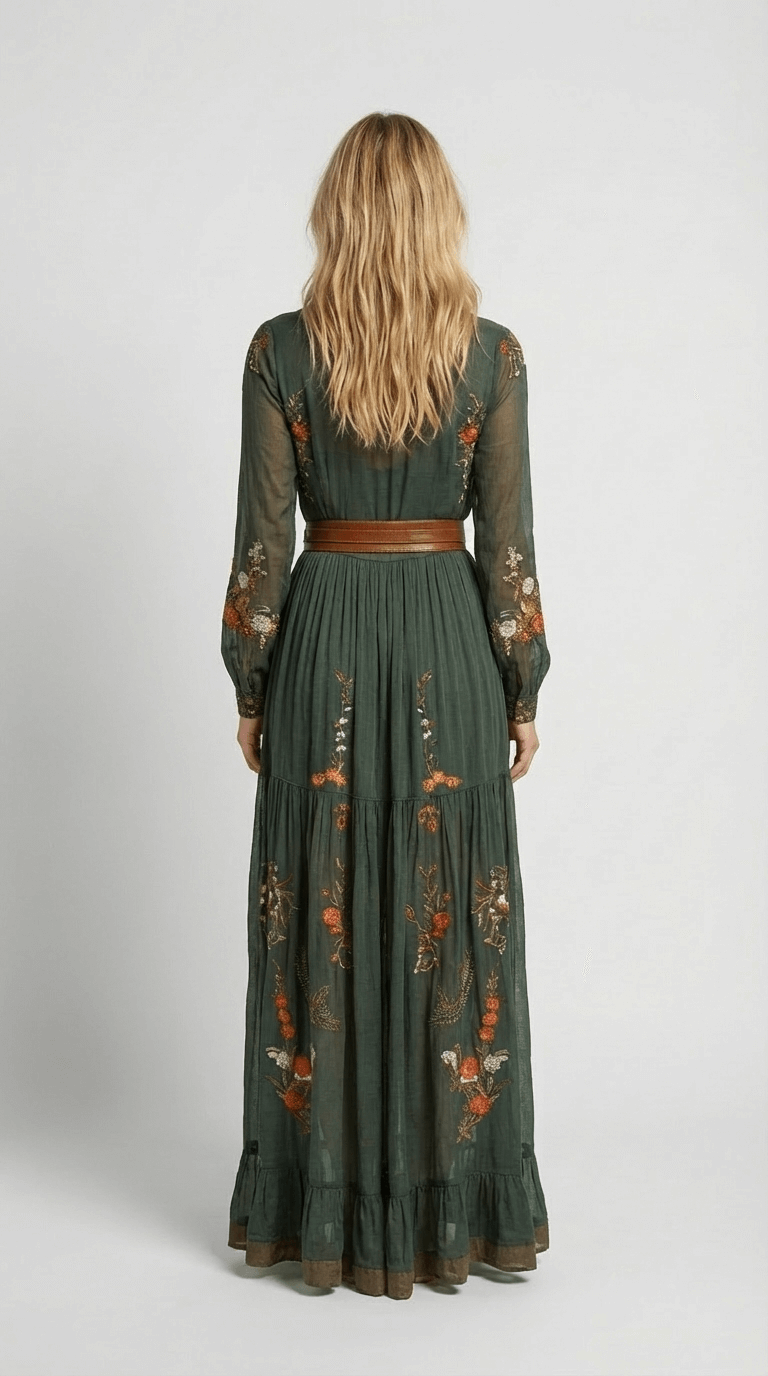 Women's Boho Maxi Dress with Long Sleeves and Defined Waist