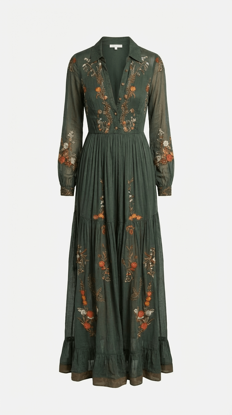 Women's Boho Maxi Dress with Long Sleeves and Defined Waist