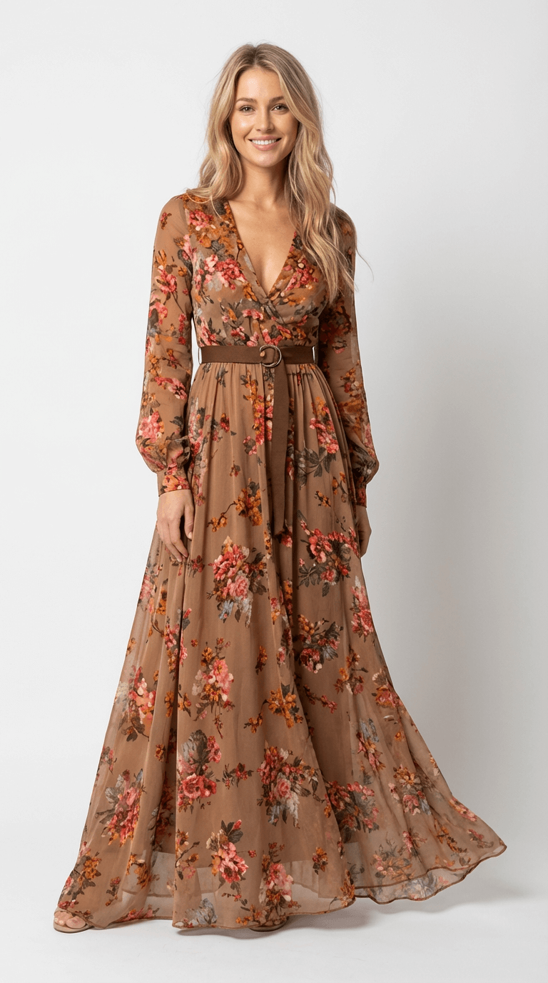 Women's Boho Maxi Dress with Long Sleeves and Defined Waist