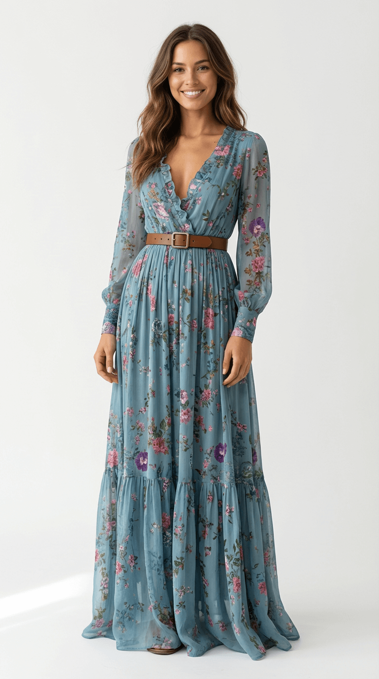 Women's Boho Maxi Dress with Long Sleeves and Defined Waist