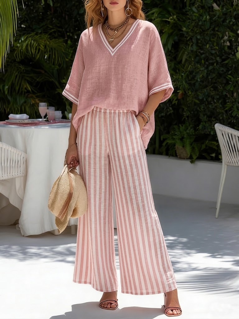 Women's Casual Linen Set with V-Neck Top and Palazzo Pants