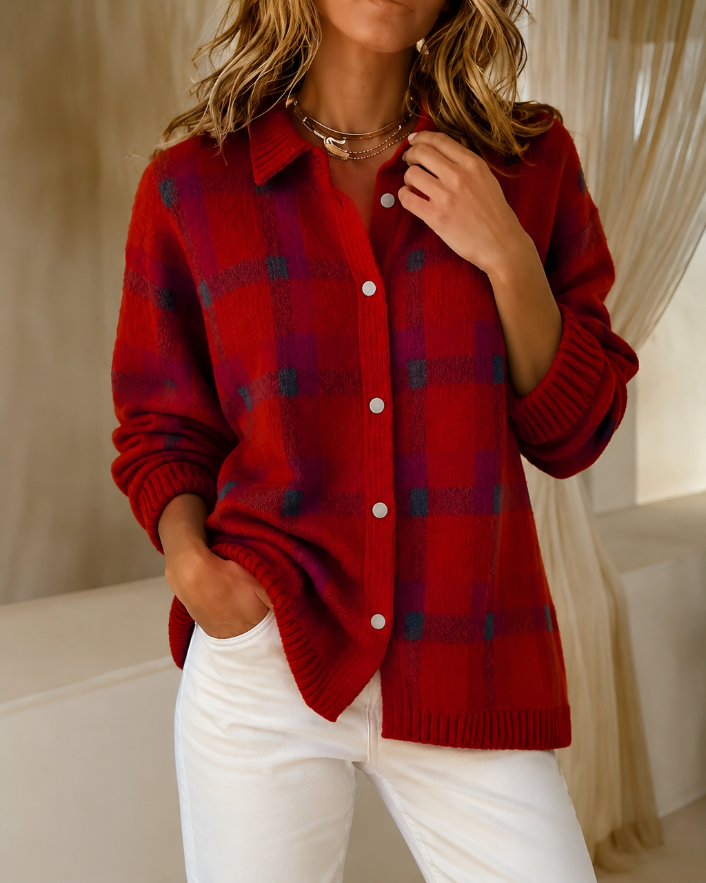 Women's Checked Knitted Cardigan