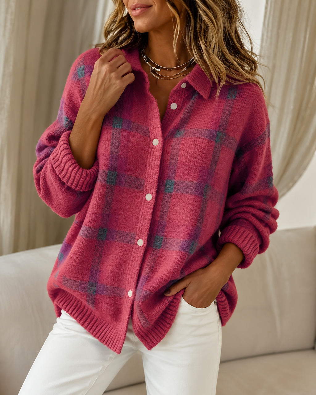 Women's Checked Knitted Cardigan