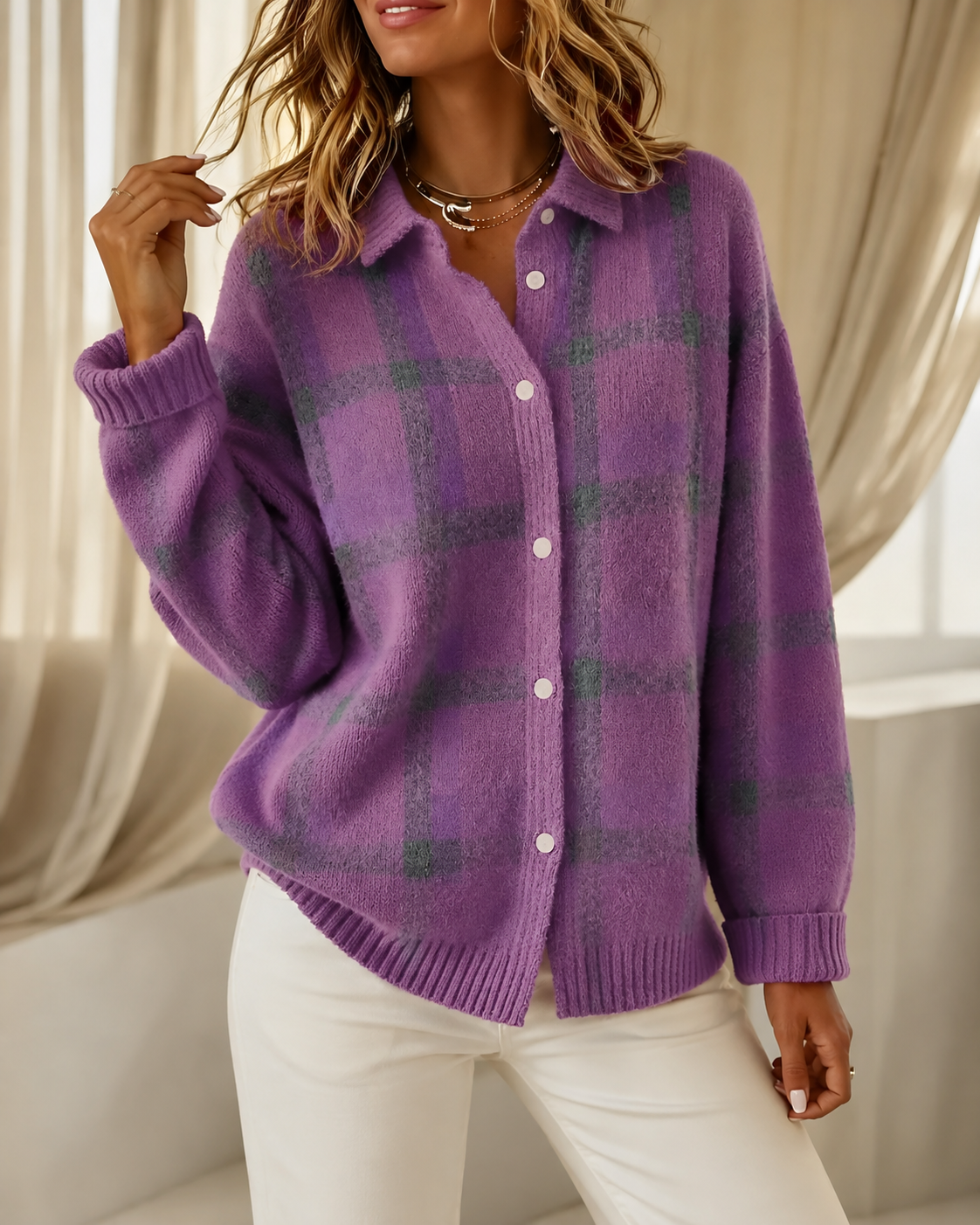 Women's Checked Knitted Cardigan