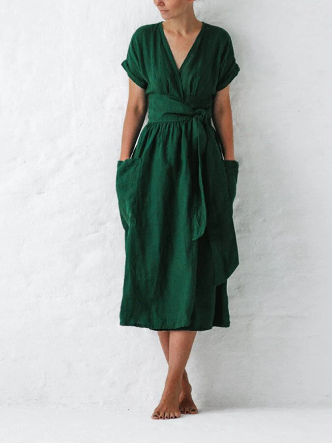 Women's Chic Linen Summer Dress with Lace Loop Band
