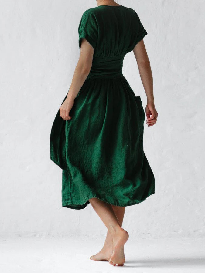 Women's Chic Linen Summer Dress with Lace Loop Band