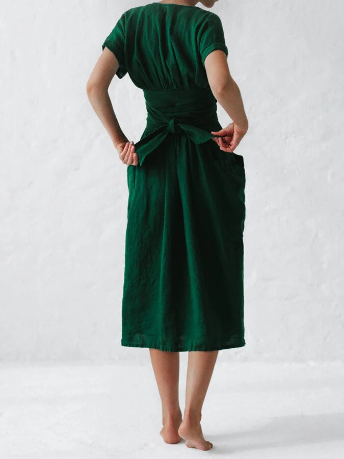 Women's Chic Linen Summer Dress with Lace Loop Band