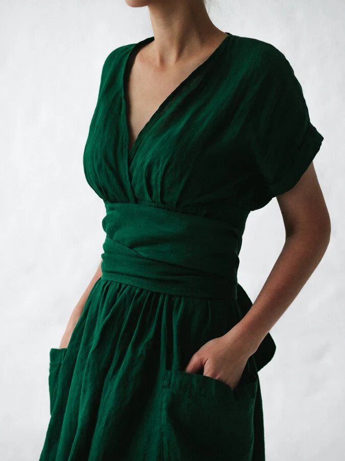 Women's Chic Linen Summer Dress with Lace Loop Band